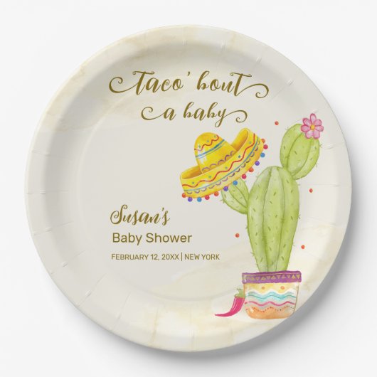 Taco 'Bout A Baby Watercolor Cactus Baby Shower Pappteller (Vorderseite)