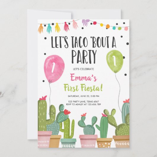Taco Bout a Party Girl Pink First Fiesta Geburtsta Einladung (Vorderseite)