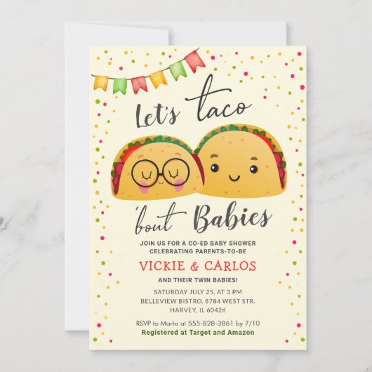 Taco Bout Babies Co-ed Twin Baby Dusche Einladung (Vorderseite)