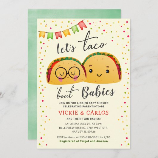Taco Bout Babies Co-ed Twin Baby Dusche Einladung (Vorne/Hinten)