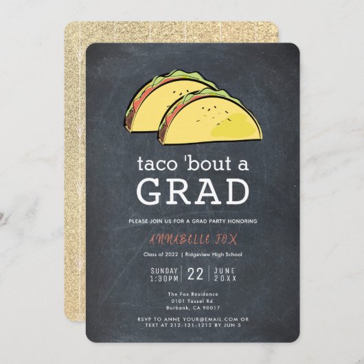 Taco Bout GRAD Chalkboard Gold Graduation Party Einladung (Vorne/Hinten)