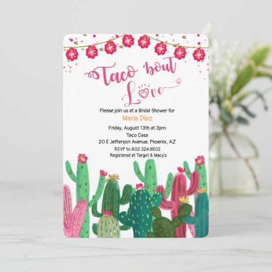 Taco 'bout Liebe Cactus Bridal Shower Einladung (Stehend Vorderseite)