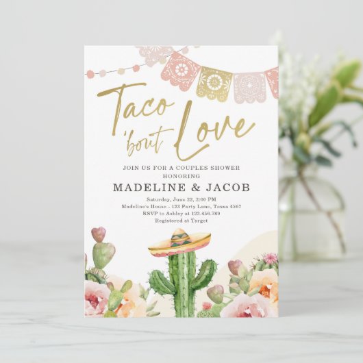 Taco Bout Liebe Cactus Fiesta Couples Dusche Rosa Einladung (Stehend Vorderseite)