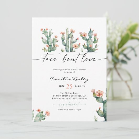 Taco 'Bout Liebe Cactus Floral Brautparty Einladung (Stehend Vorderseite)
