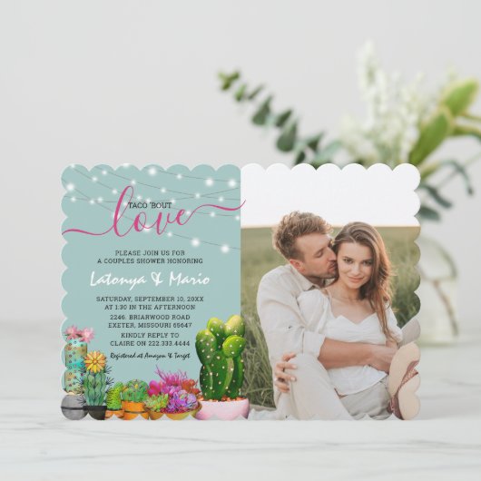 Taco 'bout Liebe Fiesta Paare Dusche Foto Einladung (Stehend Vorderseite)