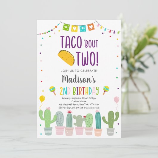 Taco 'Bout Two Cactus Fiesta Birthday Einladung (Stehend Vorderseite)