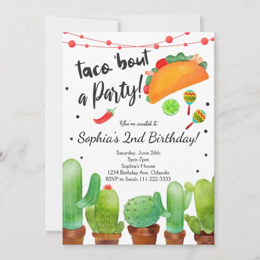 Taco Fiesta Bout Party Wasserfarben Cactus Invite Einladung (Vorderseite)
