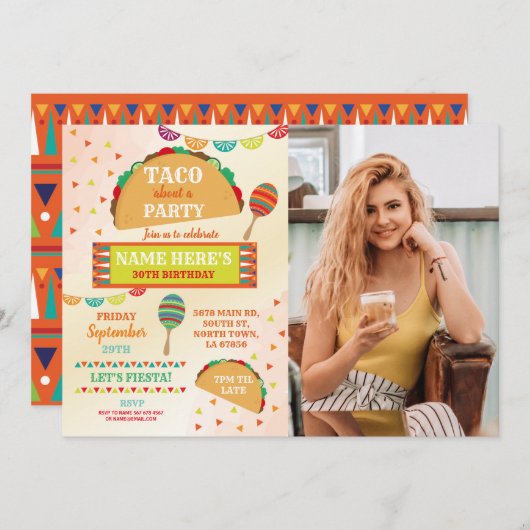 Taco Fiesta Geburtstagsparty Mexikanisches Foto Einladung (Vorne/Hinten)