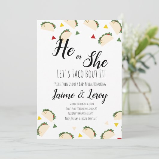 Taco Party Gender Reveal Er oder sie FIESTA Einladung (Stehend Vorderseite)