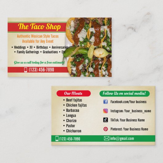 Taco Service Business Cards Visitenkarte (Vorne/Hinten)