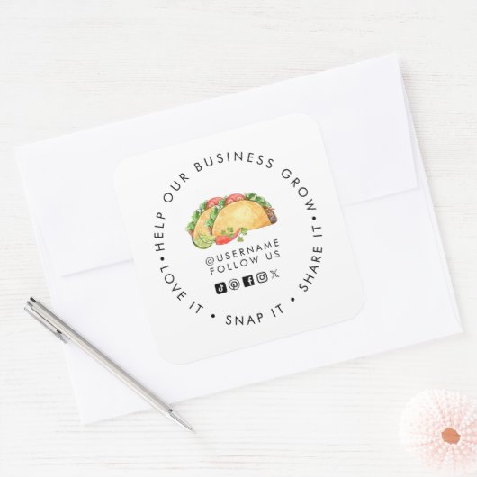 Taco shop Help our Business Grow Social media Quadratischer Aufkleber (Umschlag)