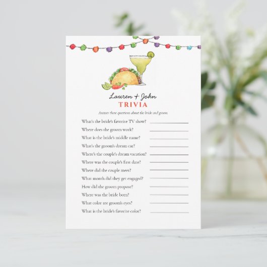 Taco & Tequila Fiesta Couple's Shower Trivia Spiel Einladung (Stehend Vorderseite)