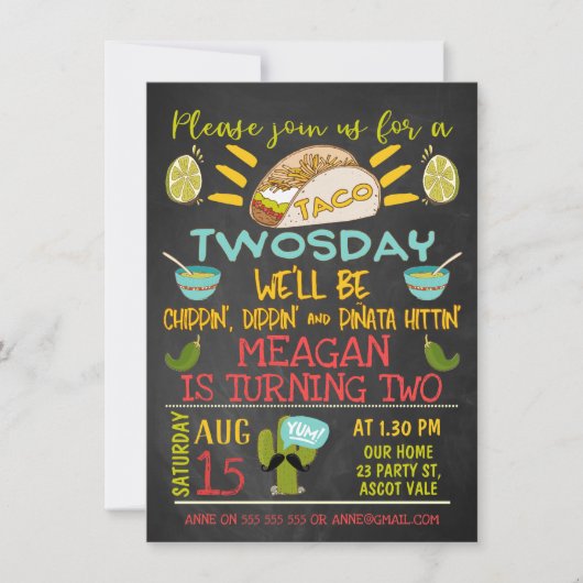 Taco Twosday Chalkboard 2. Geburtstag Einladung (Vorderseite)