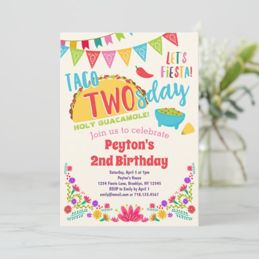 Taco TWOsday Fiesta 2. Geburtstag Einladung (Stehend Vorderseite)
