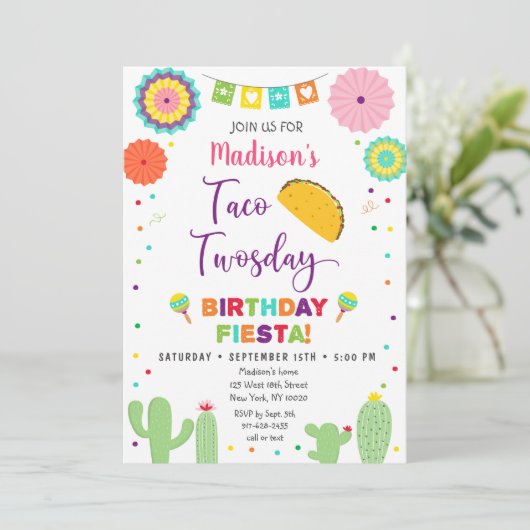 Taco Twosday Fiesta Cactus Birthday Einladung (Stehend Vorderseite)