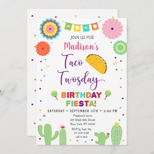 Taco Twosday Fiesta Cactus Birthday Einladung (Vorne/Hinten)