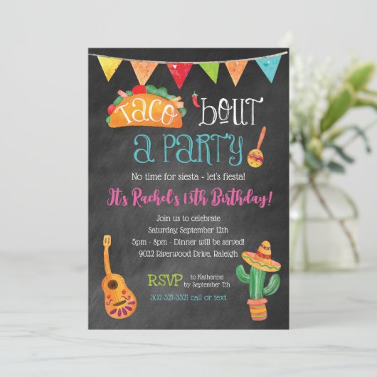 Taco über ein Party Chalkboard Einladung (Stehend Vorderseite)