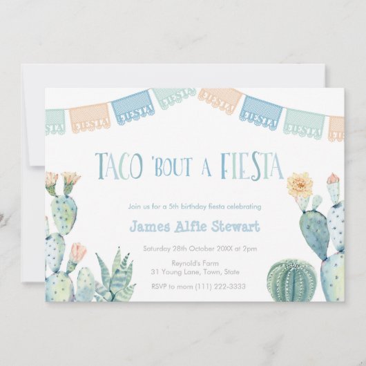Taco über eine Fiesta - jede Altersjunge Geburtsta Einladung (Vorderseite)