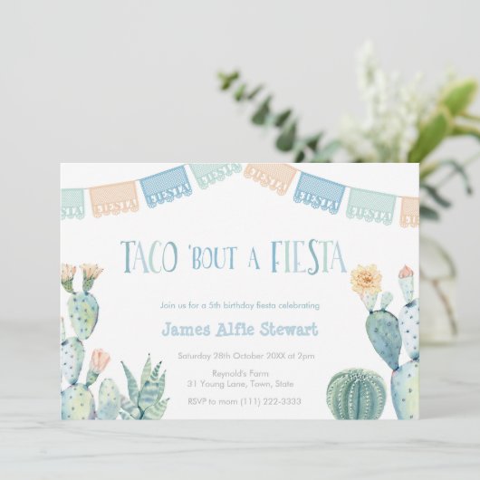 Taco über eine Fiesta - jede Altersjunge Geburtsta Einladung (Stehend Vorderseite)