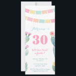 Taco über eine Fiesta Mexikos Geburtstagsparty Einladung<br><div class="desc">Ein in Mexiko inspiriert Meilenstein für ein Geburtstagsgeschenk. Das Design zeichnet sich durch helle Papel Picado Fahnen und Kakteen/Kakteen/prickligen Birnen aus.</div>