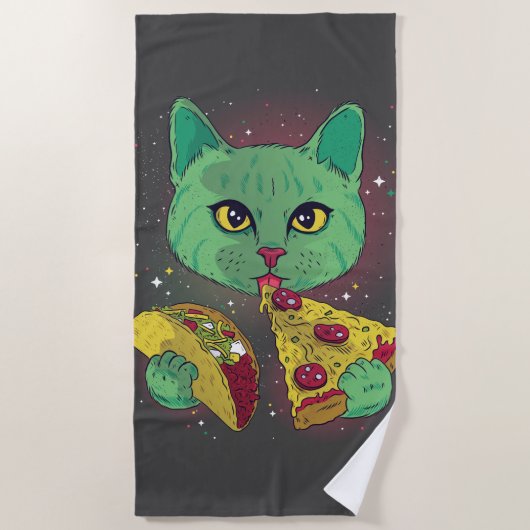 Taco und Pizza Cosmic Space Cat Strandtuch (Vorderseite)