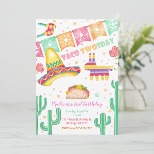 Taco ZWEI Geburtstag Einladung (Stehend Vorderseite)