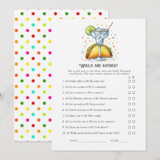 Tacos and Tequila Party "Would She Rather?" Game Einladung (Vorne/Hinten)