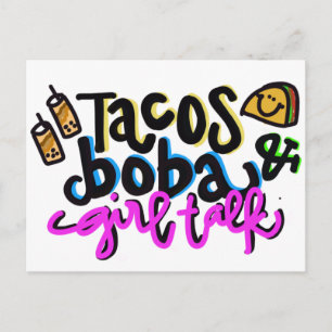 Tacos. Boba. Mädchen reden. Postkarte