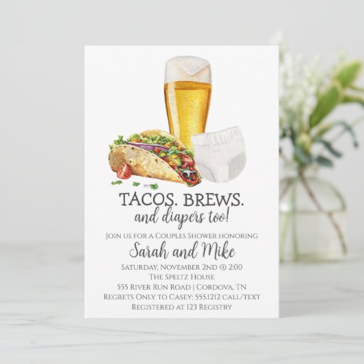 Tacos Brews and Diapers Kinderdusche Einladung (Stehend Vorderseite)