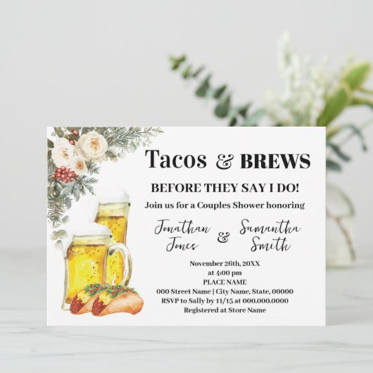 Tacos & Brews Before I Do Winter Shower Einladung (Stehend Vorderseite)