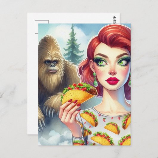 Tacos im Wald mit Sasquatch Postkarte (Vorne/Hinten)