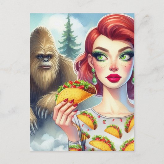 Tacos im Wald mit Sasquatch Postkarte (Vorderseite)