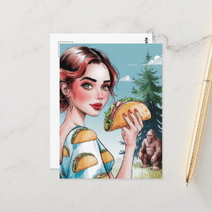 Tacos im Wald mit traurigem Sasquatch Postkarte