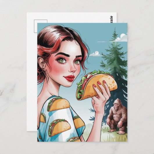 Tacos im Wald mit traurigem Sasquatch Postkarte (Vorne/Hinten)