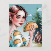 Tacos im Wald mit traurigem Sasquatch Postkarte (Vorderseite)
