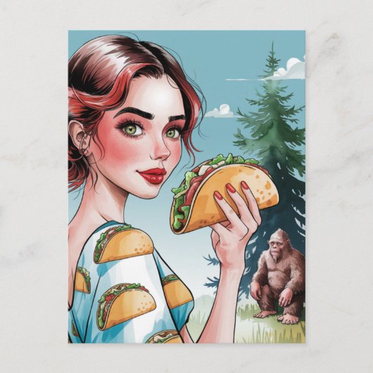 Tacos im Wald mit traurigem Sasquatch Postkarte (Vorderseite)