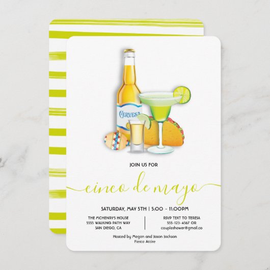 Tacos Tequila, Bier, Party Margarita Cinco de Mayo Einladung (Vorne/Hinten)