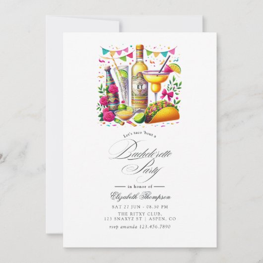 Tacos & Tequila Fiesta Bachelorette Bash Einladung (Vorderseite)