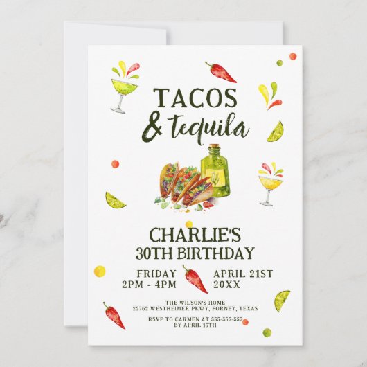 Tacos & Tequila Fun Sommer Tropical Birthday Party Einladung (Vorderseite)