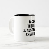 Tacos Tequila und australischer Schäferhund Funny Zweifarbige Tasse (Vorderseite Links)