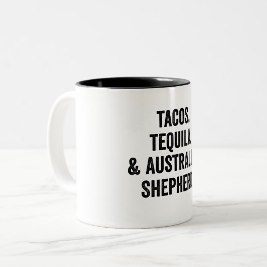 Tacos Tequila und australischer Schäferhund Funny  Zweifarbige Tasse (Vorderseite Links)
