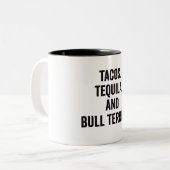 Tacos Tequila und Bull Terrier Zweifarbige Tasse (Vorderseite Links)
