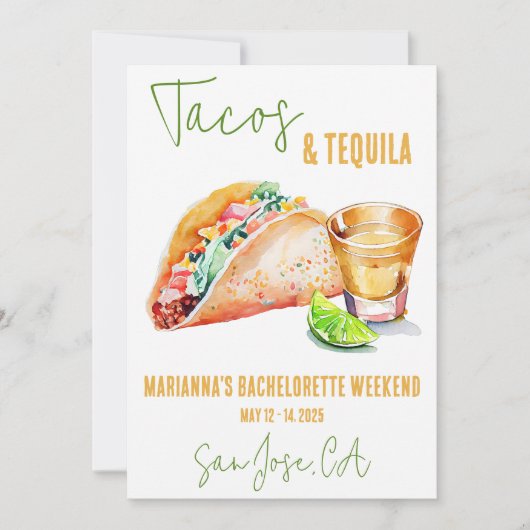 Tacos und Tequila Bachelorette Weekend Party Einladung (Vorderseite)