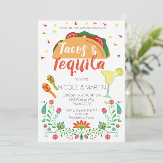 Tacos und Tequila Dusche Einladung (Stehend Vorderseite)