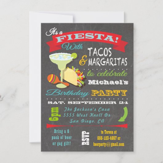 Tacos und Tequilla mexikanische Fiesta zum Geburts Einladung (Vorderseite)
