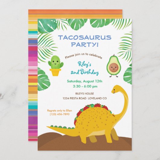 Tacosaurus Geburtstagsparty - Dinosaurier und Taco Einladung (Vorne/Hinten)