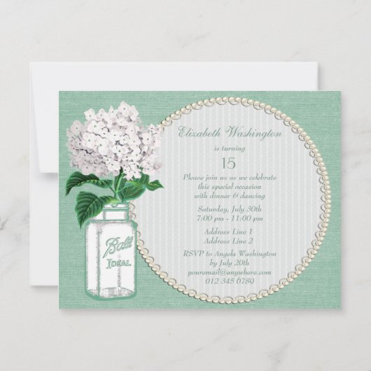 Tadellose grüne Leinwand, Glas u. Hydrangea Einladung (Rückseite)