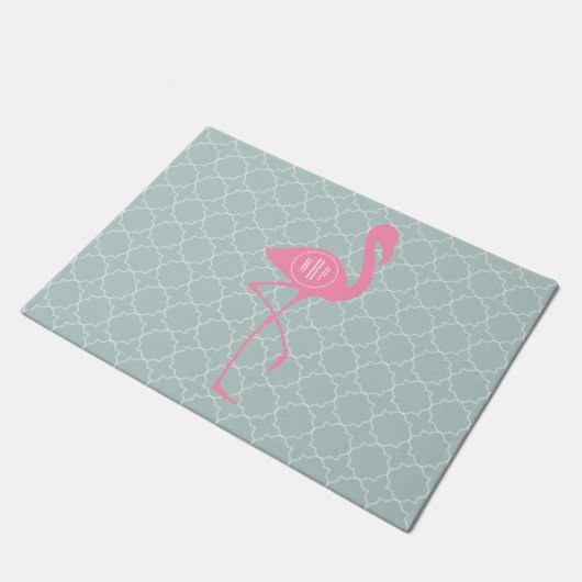 Tadellose Quatrefoil Monogramm-Flamingo-Fußmatte Fußmatte (Schrägansicht)