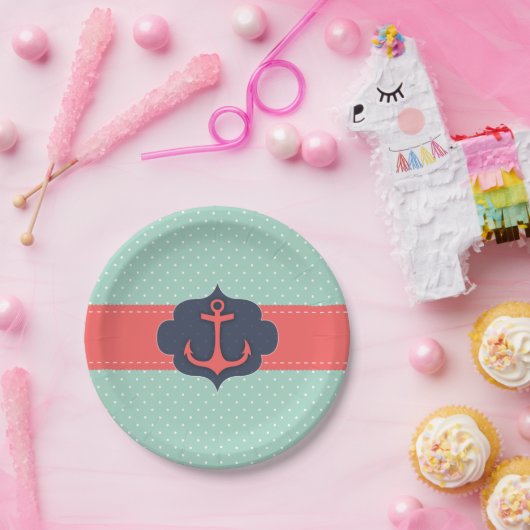 Tadelloser grüner Tupfen-korallenroter rosa Anker Pappteller (Party)