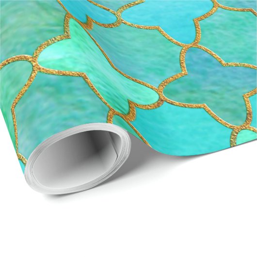 Tadelloses Aqua-aquamarines Goldorientalisches Geschenkpapier (Rolleneckpunkt)